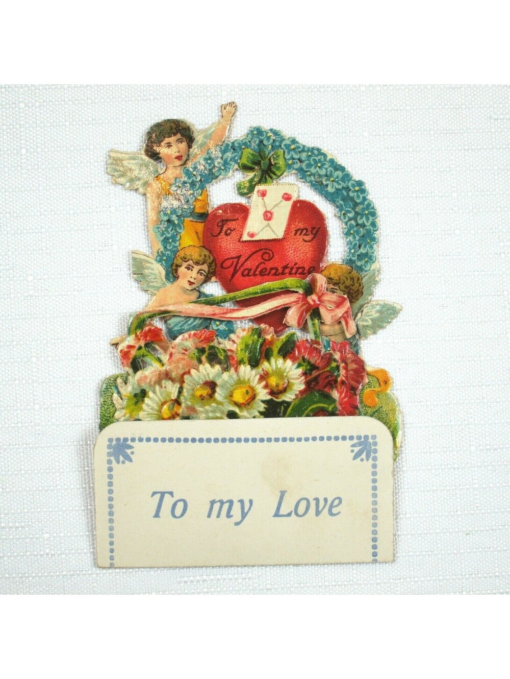 Vintage Valentine Pop Up 3D Die Cut 3 Angels Daisies Flowers Germany 1920s-30s